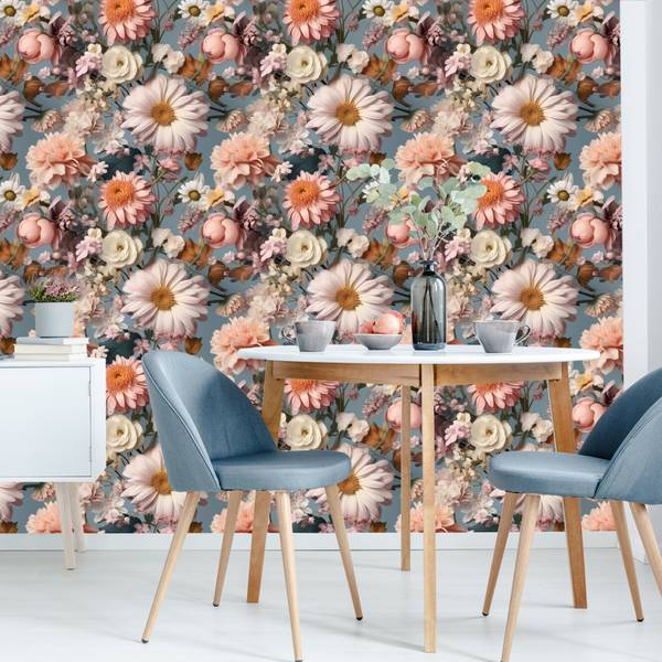 Papier Peint Fleurs Feuilles Plantes Beige - Bleu - Vert - Rose foncé - Polaire - 53 x 1000 x 1000 cm