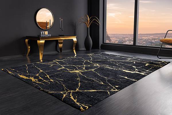 Teppich MARBLE Schwarz - Gold - Flachgewebe - Polyester - Wolle - Marmor - 240 x 1 x 160 cm