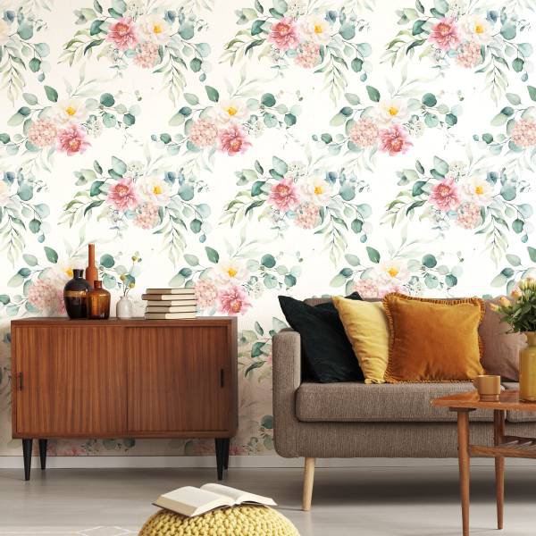 Papier Peint FLEURS Feuilles Eucalyptus Beige - Vert - Rose foncé - Blanc - Polaire - 53 x 1000 x 1000 cm