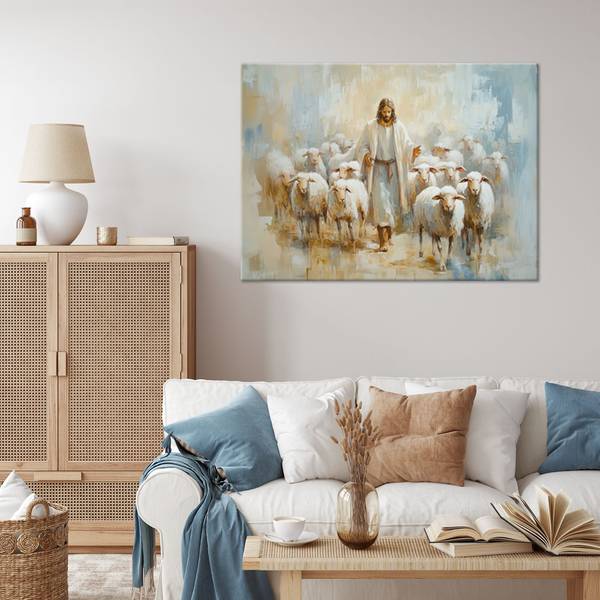 Canvas schilderij Jezus, de goede herder beige - polyester - 100 x 70 x 3 cm