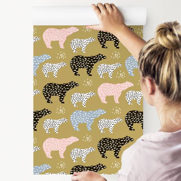 Tapete Wildtiere Bären Beige - Schwarz - Blau - Weiß - Fleece - 53 x 1000 x 1000 cm
