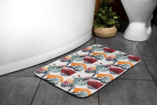 Badteppich Vögel Blumen Muster Weiß - Textil - 90 x 60 x 90 cm