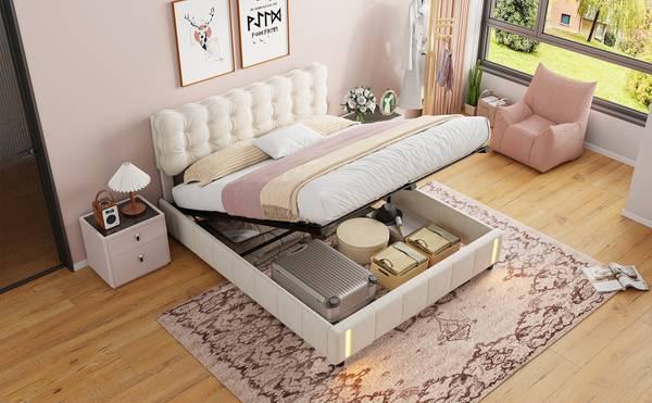 Polsterbett Hydraulischbett CC04 Beige - Metall - Massivholz - 141 x 103 x 205 cm