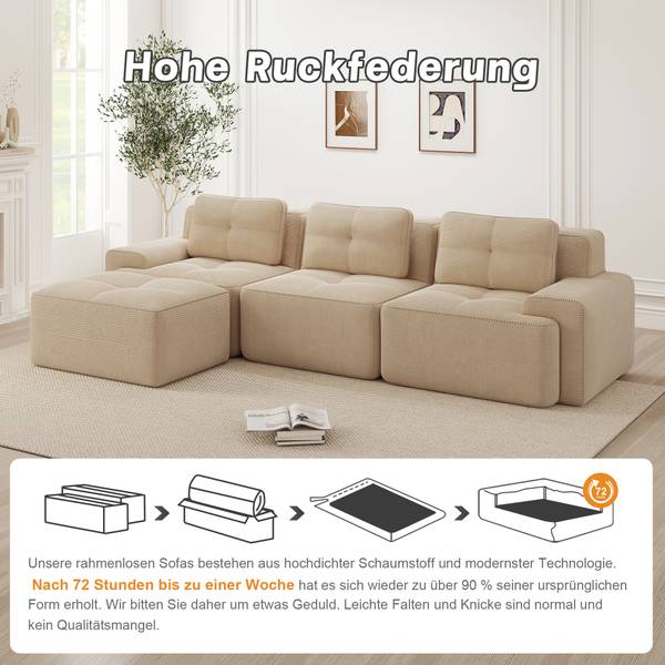 Ecksofa FX-OTM Beige - Cord - 293 x 69 x 177 cm