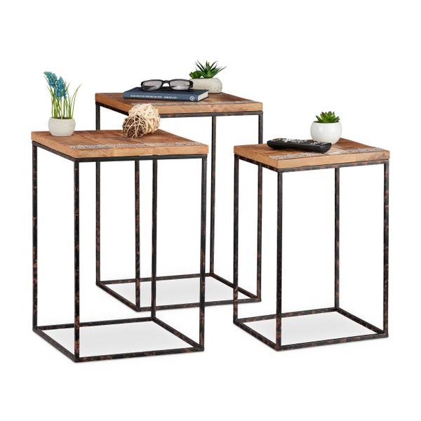 Beistelltisch 3er Set Mangoholz Schwarz - Braun - Eisen - 36 x 56 x 36 cm