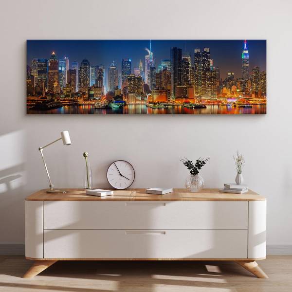 Image Architecture Panorama Ville 3D Noir - Bleu - Orange - Lin - 145 x 45 x 45 cm