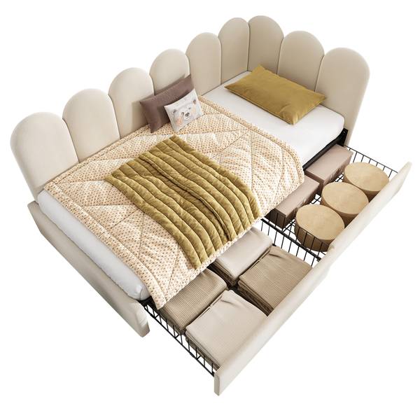 Oxtao Gestoffeerd bed, 2-in-1 voetenbank, uittrekbare slaapbank, eenpersoonsbed, puffy-bed, teddystof (roze