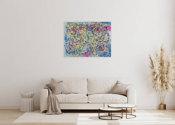 Acrylbild Handgemalt Action Painting Zap Baumwollstoff - 100 x 75 x 4 cm