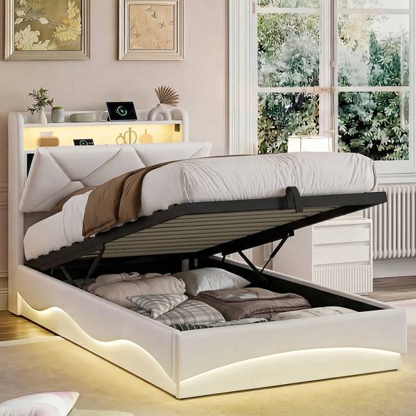 Polsterbett HUR01 Beige - Metall - Massivholz - 91 x 108 x 214 cm