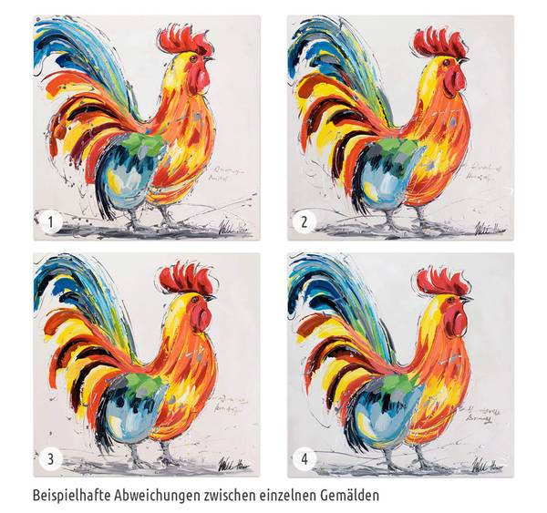 Acrylbild Handgemalt Hahn Jec Baumwollstoff - 80 x 80 x 4 cm