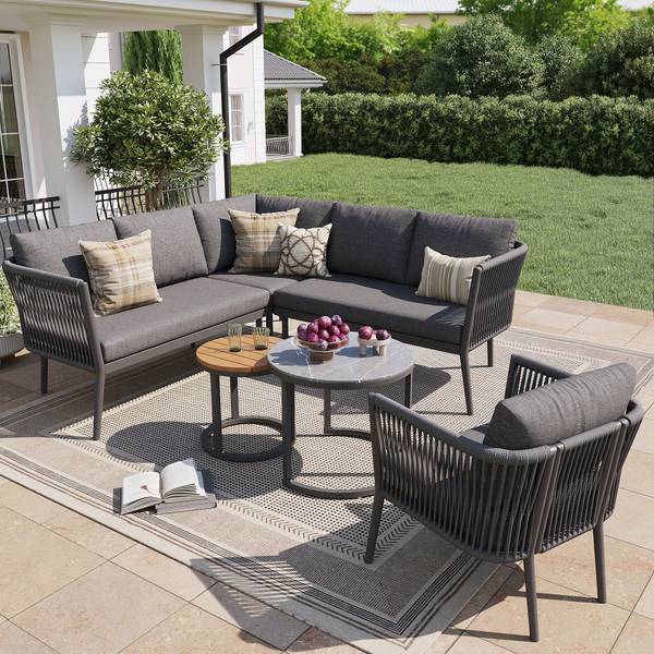 Set lounge jardin Gaia II (6-él.) Gris - Verre - Métal - Matière plastique - Textile - 176 x 75 x 176 cm