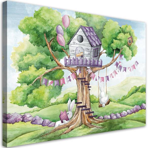 Wandbild kaninchen baumhaus 90 x 60 cm