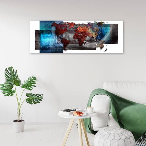 Wandbild komposition mit weltkarte 90 x 30 cm