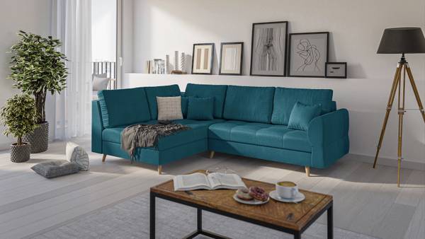 Skandinavisches Ecksofa Amber mit Hocker Türkis - Ecke davorstehend links