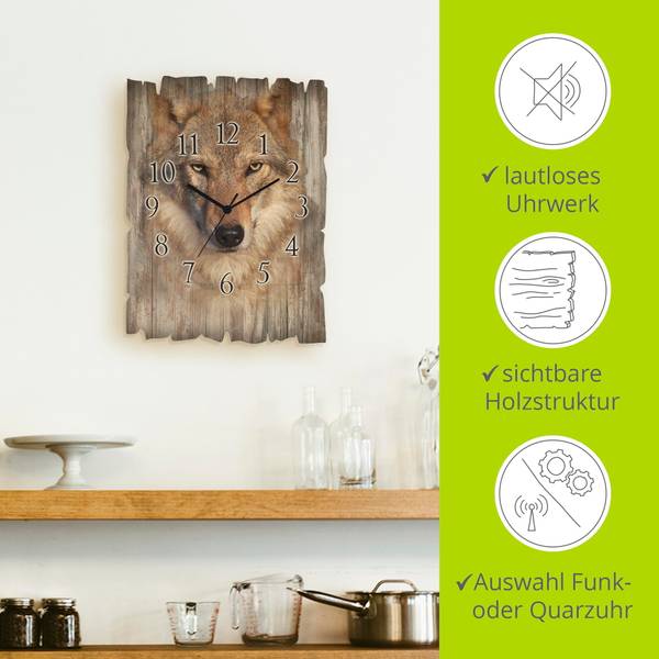 Wanduhr Holz Wolf Braun - Holzwerkstoff - 30 x 40 x 1 cm