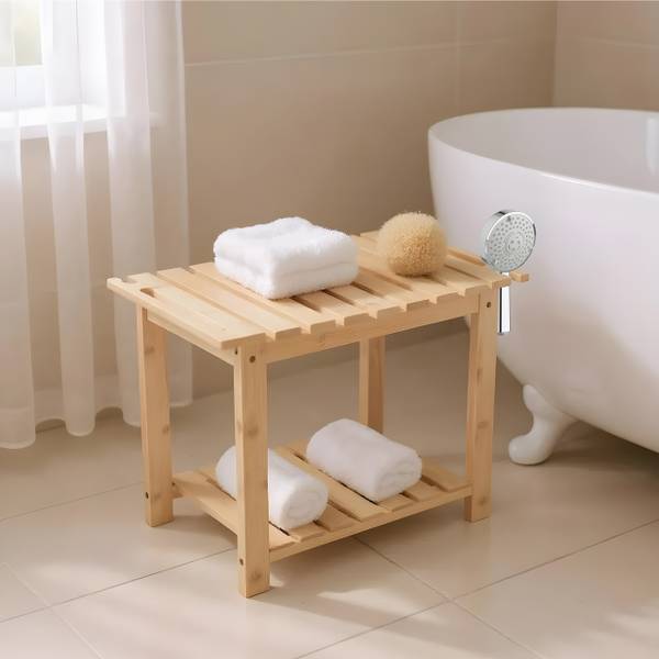 Badhocker aus Bambus mit Ablage Braun - Holzverbundwerkstoff - 53 x 42 x 33 cm