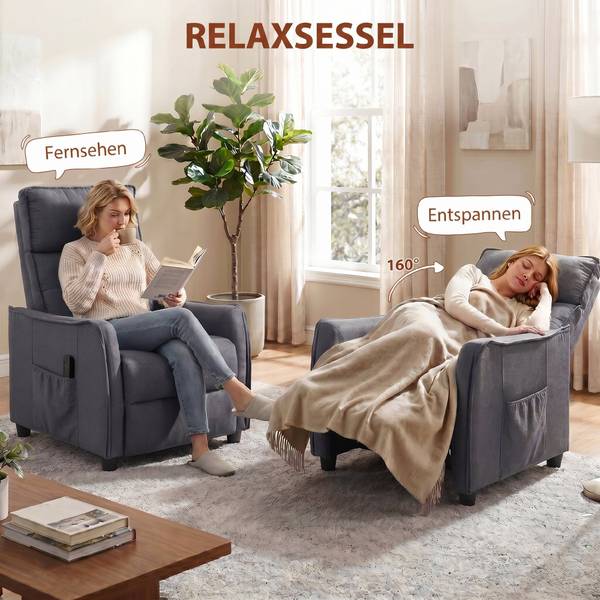Massagerelaxsessel 700-207V90GY Grau - Leinen - Polyester - 69 x 104 x 93 cm