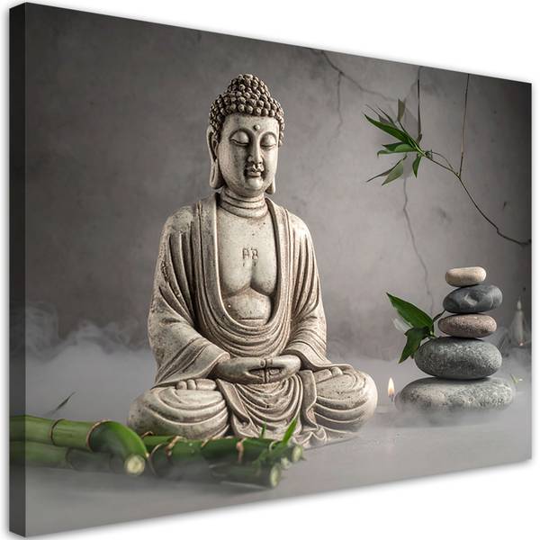 Wandbild Buddha Grau - Polyester - 90 x 60 x 3 cm