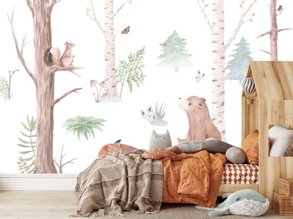 Fototapete Wald Tiere Aquarell Bäume 200 x 140 x 140 cm