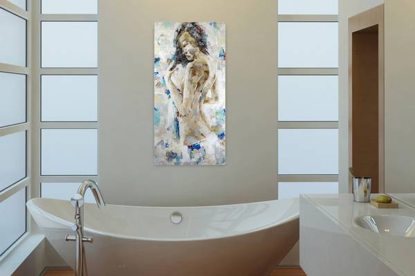 Acrylbild Handgemalt Frau Jec Blau - Baumwollstoff - 60 x 120 x 4 cm