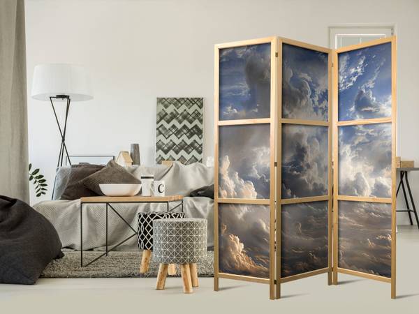 Paravent Sterne Wolken 3-tlg Beige - Blau - Grau - Weiß - Holzwerkstoff - Textil - 135 x 172 x 172 cm