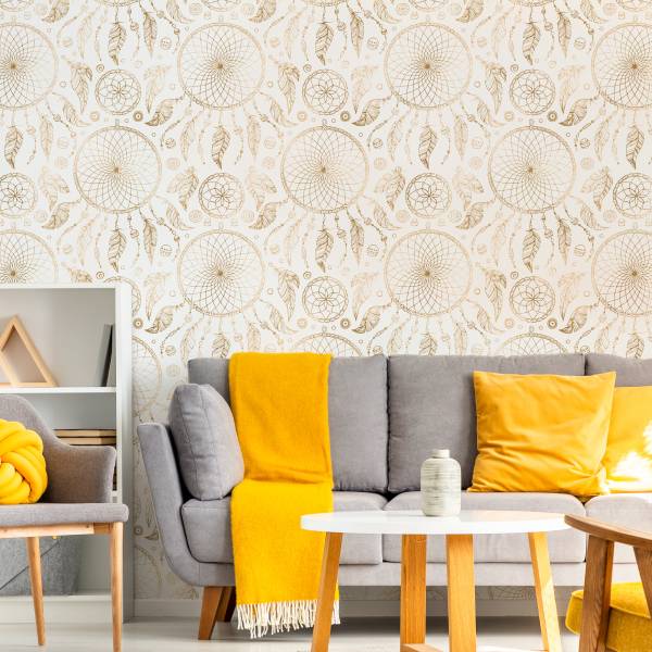 Papier Peint ATTRAPE-RÊVES Plumes Boho Beige - Blanc - Polaire - 53 x 1000 x 1000 cm