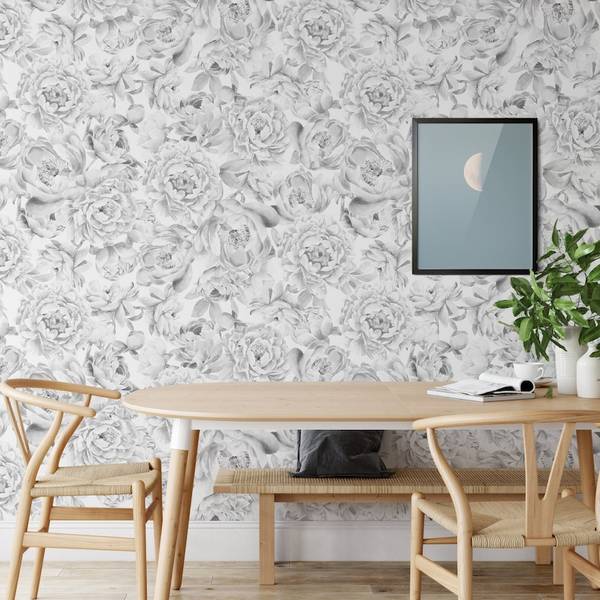 Behang Pioenen wit - papier - 200 x 250 x 1 cm