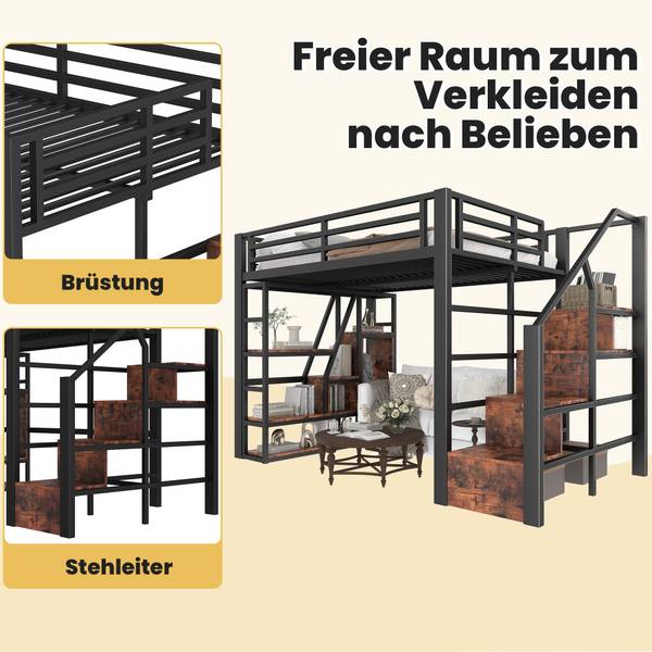 Hochbett K-1331 Schwarz - Metall - 146 x 160 x 254 cm