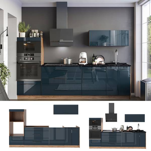 Küchenzeile Fame-Line 65759 Blau - Braun - Stahl - 280 x 154 x 60 cm