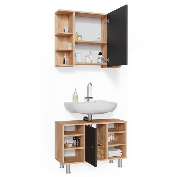 Badmöbel-Set Fynn 34717 2er Set Anthrazit - Braun - Eiche Dekor