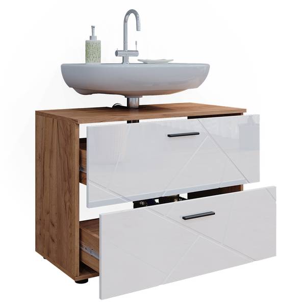 Waschbeckenunterschrank Irma 40513 Hochglanz Weiß - Eiche Dekor