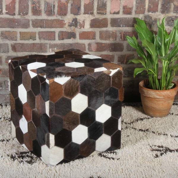 Patchwork Ledersitzkissen Vanita Braun - Holzwerkstoff - Echtfell - 45 x 48 x 45 cm