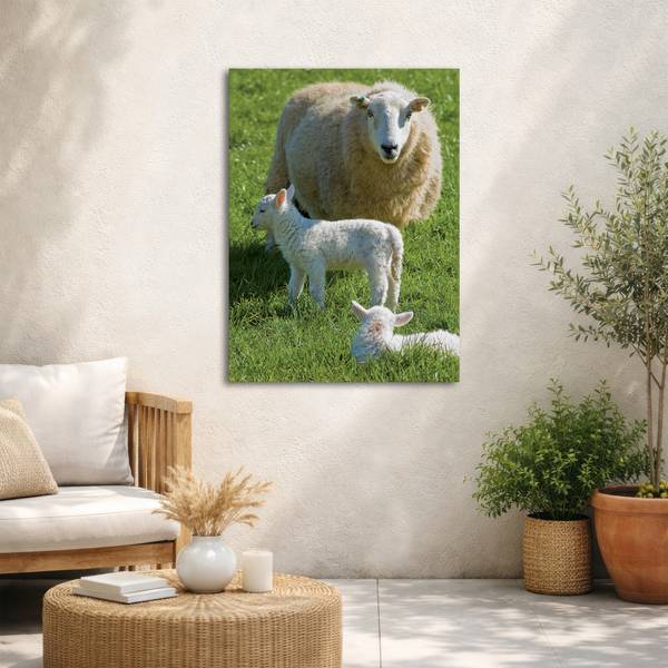 Leinwandbild Schafsfamilie Grün - Baumwollstoff - 50 x 70 x 1 cm