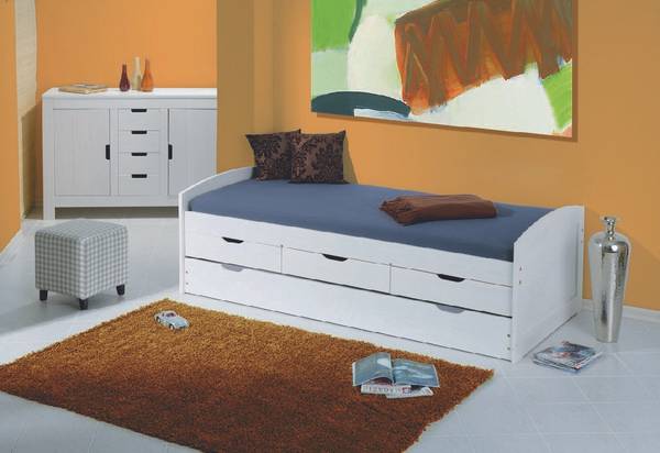 Einzelbett mit unterem Ausziehbett und Weiß - Massivholz - 195 x 63 x 98 cm