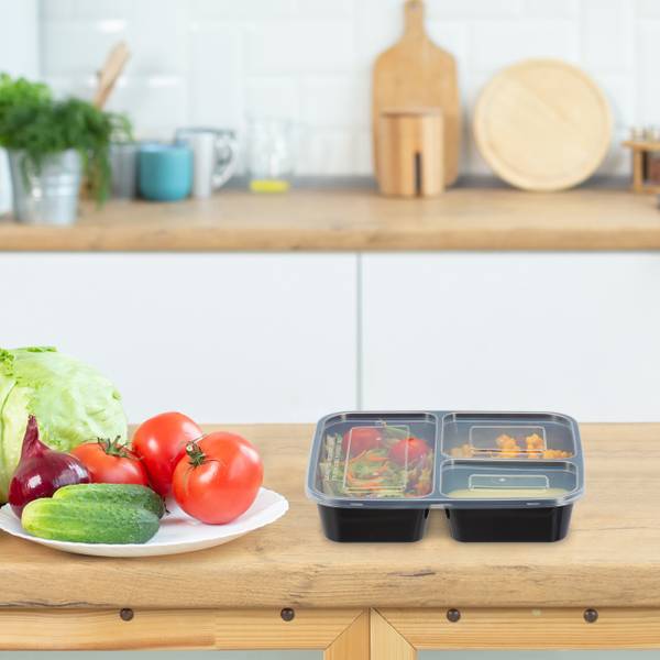 Meal Prep Boxen 3 Fächer 24er Set Schwarz - PVC - 22 x 5 x 19 cm