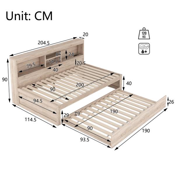 Ausziehbett GLOWWoody Ⅰ Eiche - Breite: 115 cm