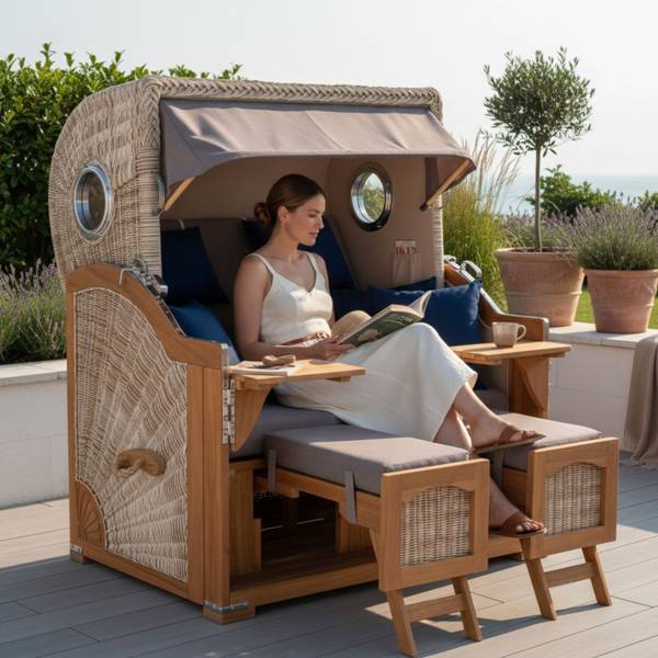 Strandkorb Düne Grande 2,5 Sitzer Grau - Polyester - Teakholz - 142 x 170 x 95 cm