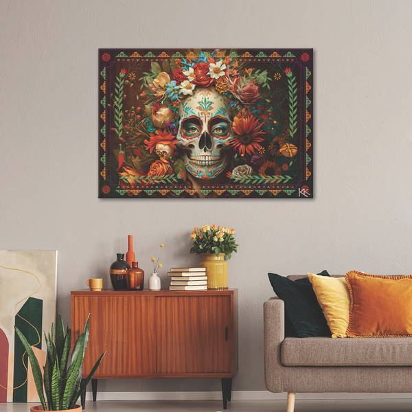 Tableau déco crâne avec des fleurs 60 x 40 cm