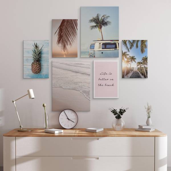 Set De Tableaux Mer Palmiers Nature 3D Beige - Bleu - Marron - Lin - 90 x 80 x 80 cm