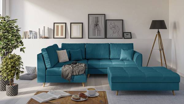Skandinavisches Ecksofa Amber mit Hocker Türkis - Ecke davorstehend links