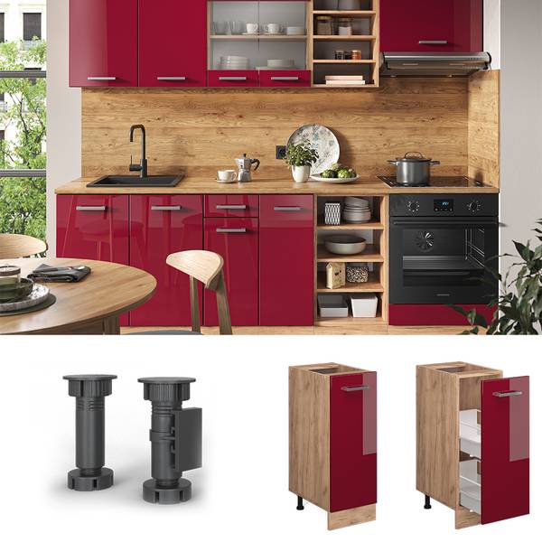 Meuble de cuisine R-Line 45560 Rouge brillant - Imitation chêne