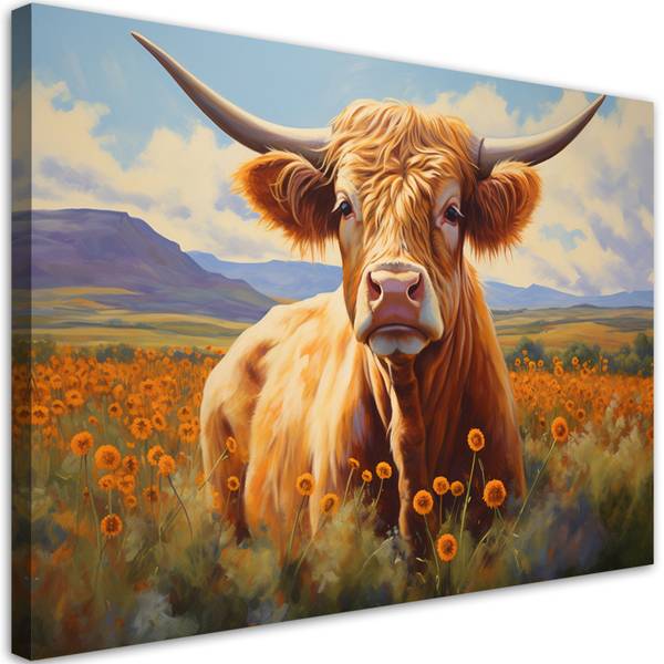 Wandbild schottische kuh auf einer wiese 90 x 60 cm