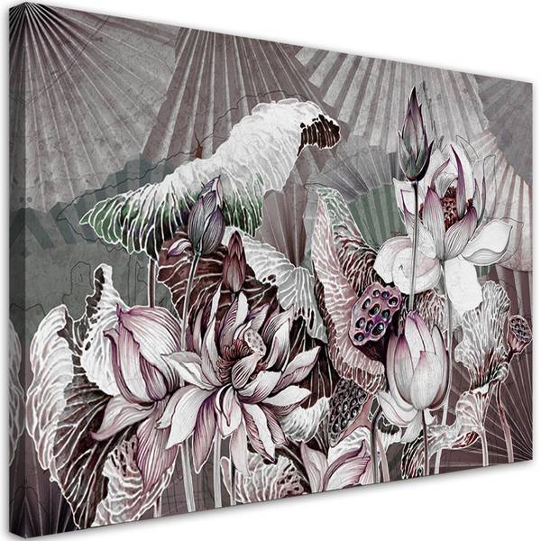 Tableau déco lotus sacré et éventails 100 x 70 cm