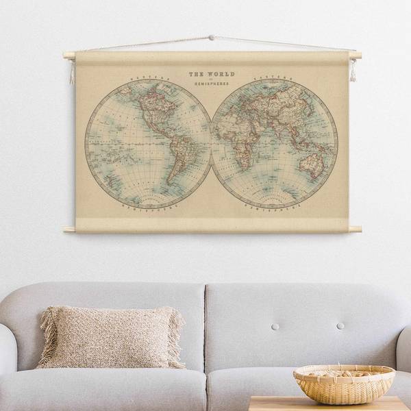 Wandteppich Retro Weltkarte Hemisphären 110 x 73 cm