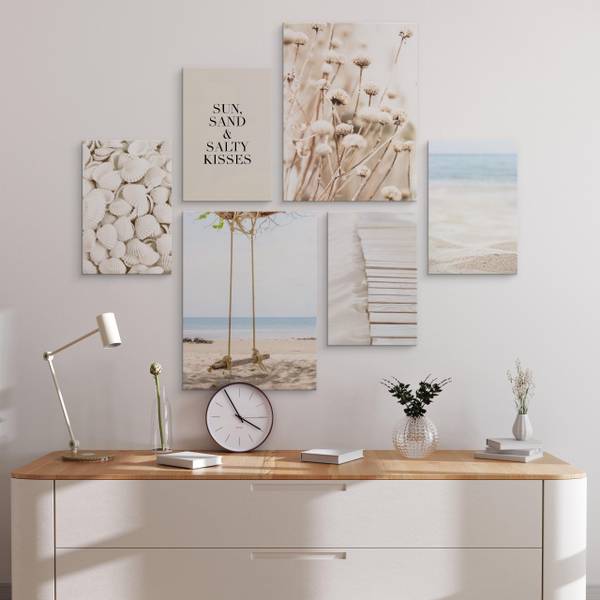 Set De Tableaux Plage Plantes Citation Beige - Bleu - Blanc - Lin - 90 x 80 x 80 cm