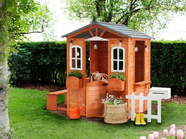 Cabane de jardin pour enfants AMPELIKO Marron - Gris - Blanc - Bois massif - 212 x 142 x 120 cm