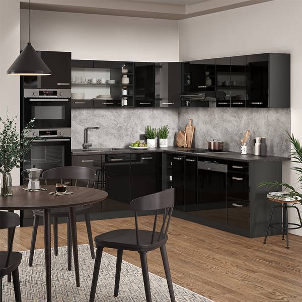 Eckküche R-Line 40970 14er Set Anthrazit - Hochglanz Schwarz