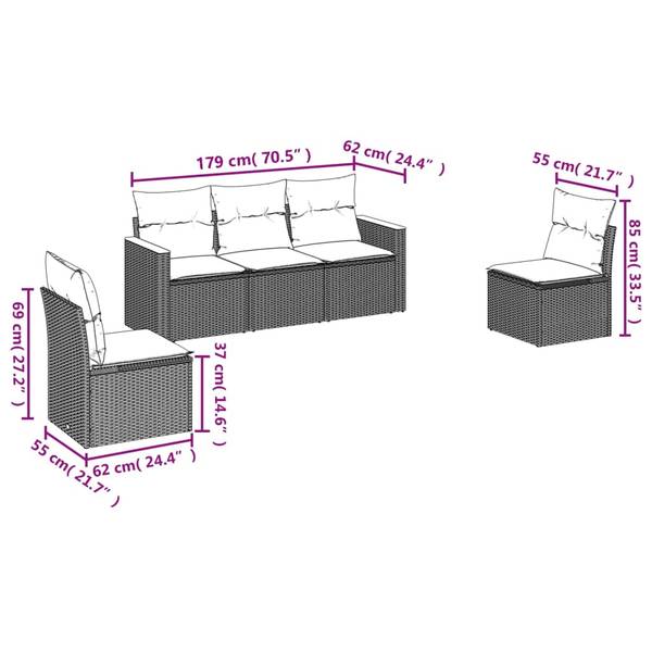 Garten-Lounge-Set 3035921-1 5-teilig Grau - Polyrattan - 55 x 69 x 62 cm