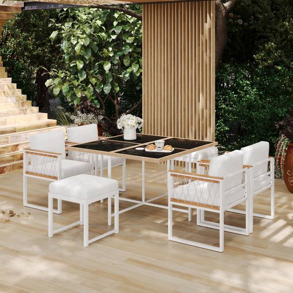 Garten-Essgruppe Anemoi 7-tlg Schwarz - Weiß - Polyester - Webstoff - Akazie - Eisen - 158 x 74 x 230 cm
