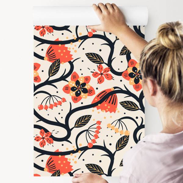 Tapete BLUMEN Blätter Früchte Pflanzen Beige - Schwarz - Orange - Fleece - 53 x 1000 x 1000 cm